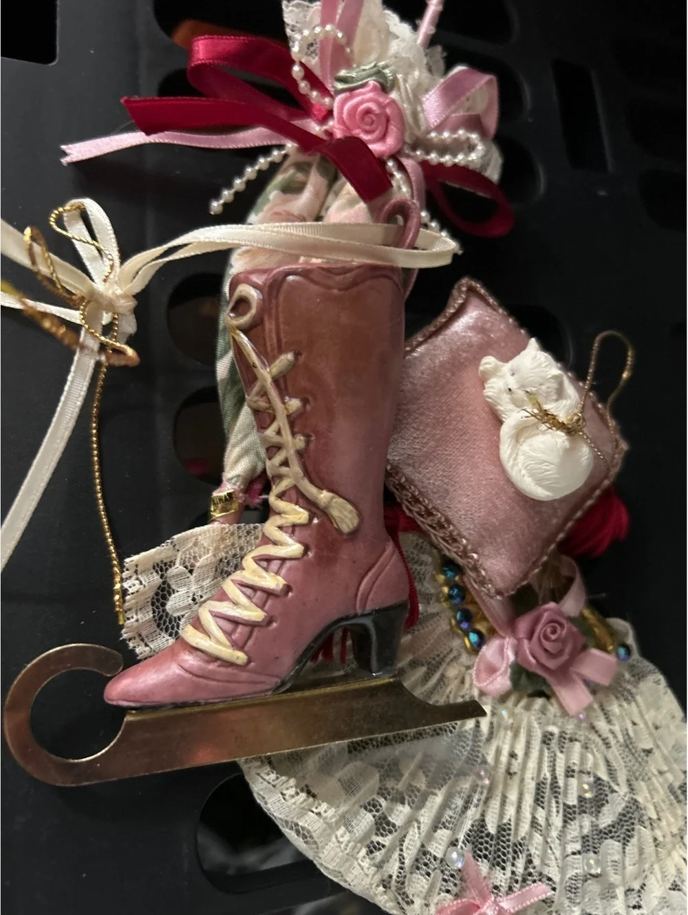Vintage Victorian Style Pink Ice Skate Ornament with Lace Fan and Decorative Acc